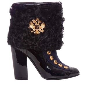 CHANEL Black and Gold Heeled Boots